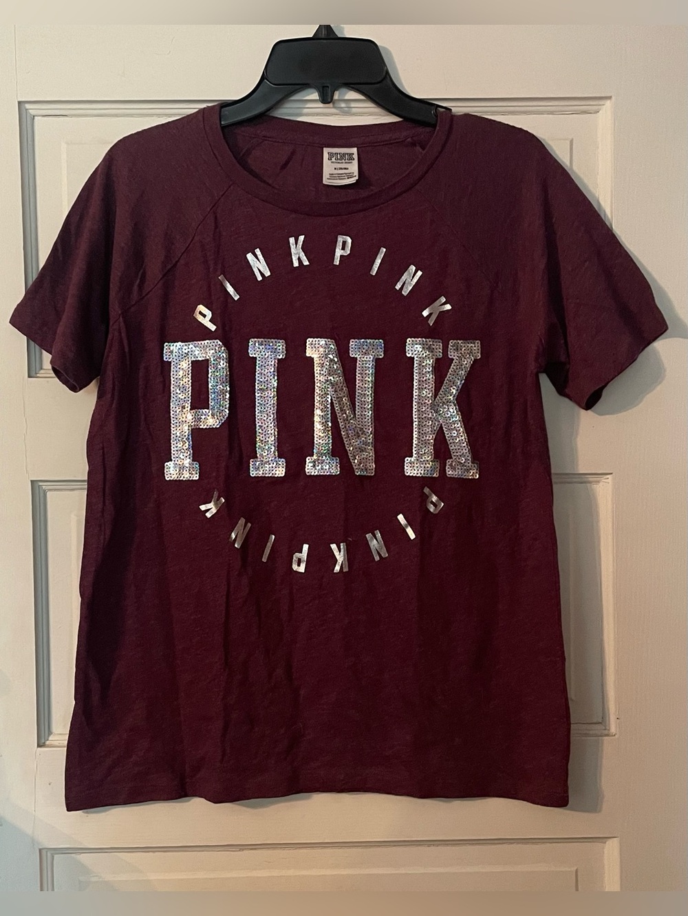 PINK Victoria's Secret Maroon Short Sleeve Tee with Silver Sequin Logo